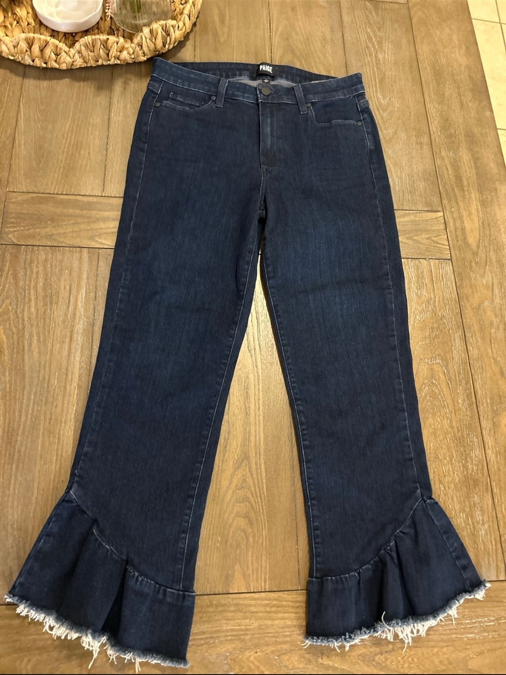 PAIGE Dark Blue Ruffle-Hem Flare Jeans
